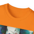 Abstract Graffiti Collage Tee — "JUS MAKE YA MARC" Street Art Graphic Shirt