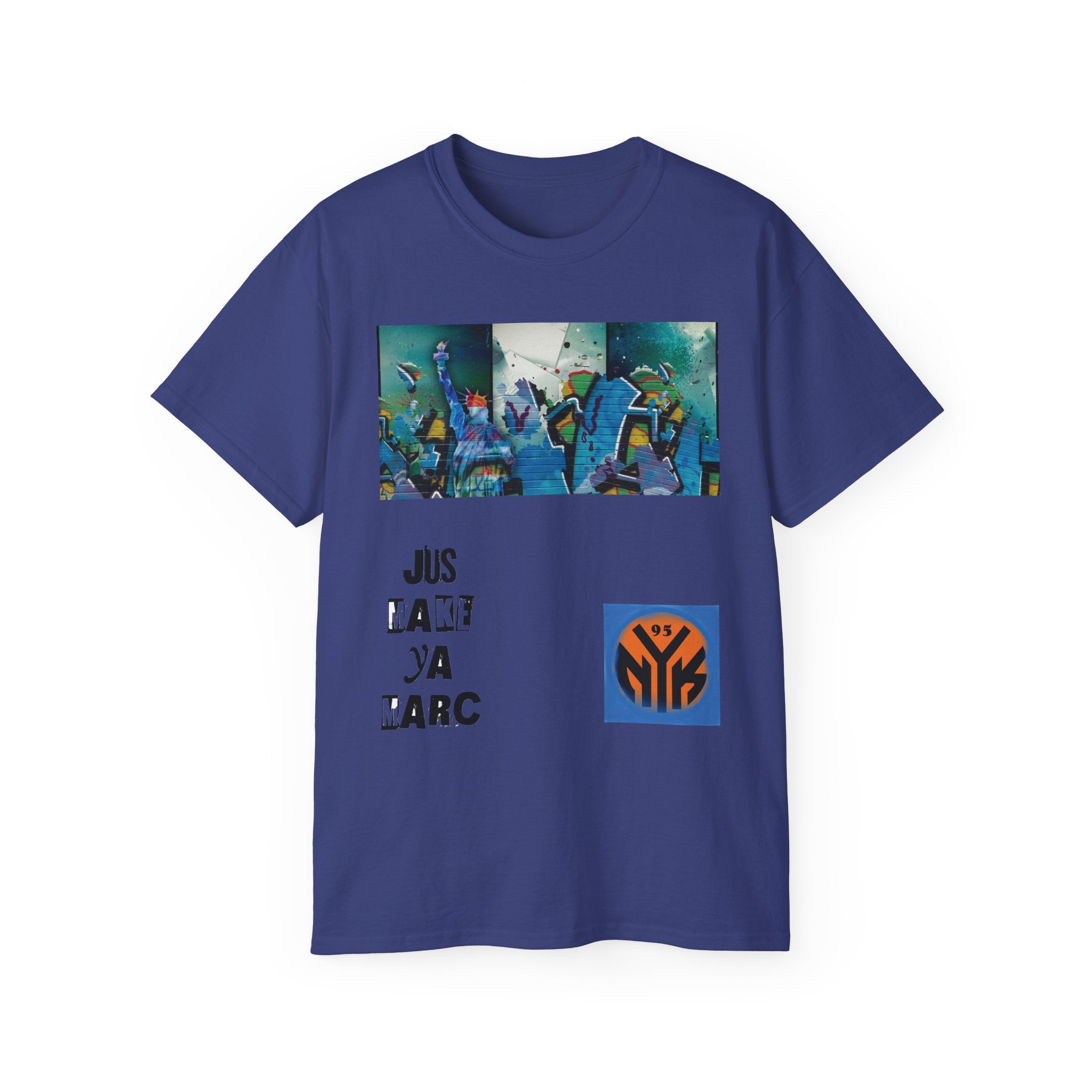 Abstract Graffiti Collage Tee — "JUS MAKE YA MARC" Street Art Graphic Shirt