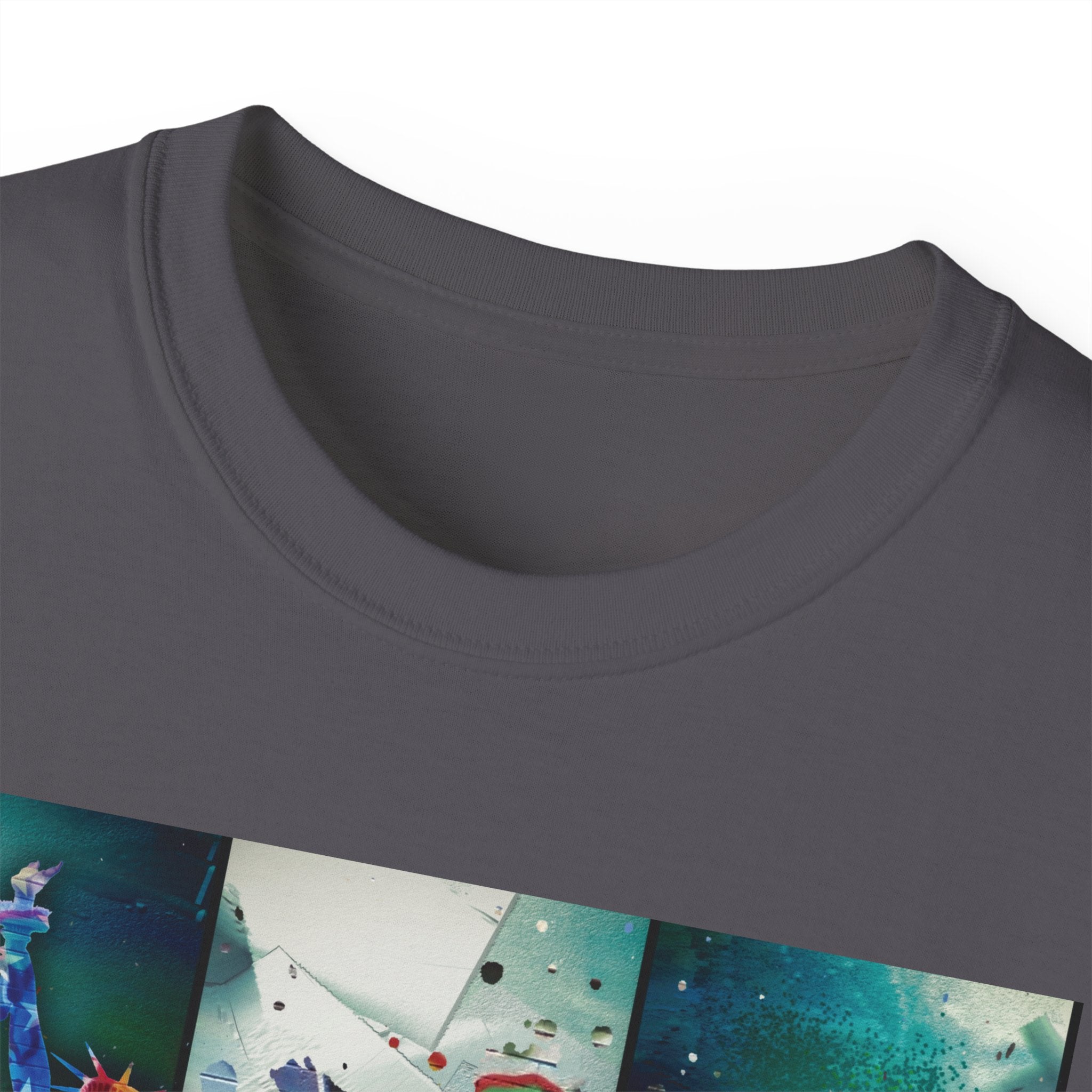 Abstract Graffiti Collage Tee — "JUS MAKE YA MARC" Street Art Graphic Shirt