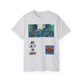 Abstract Graffiti Collage Tee — "JUS MAKE YA MARC" Street Art Graphic Shirt