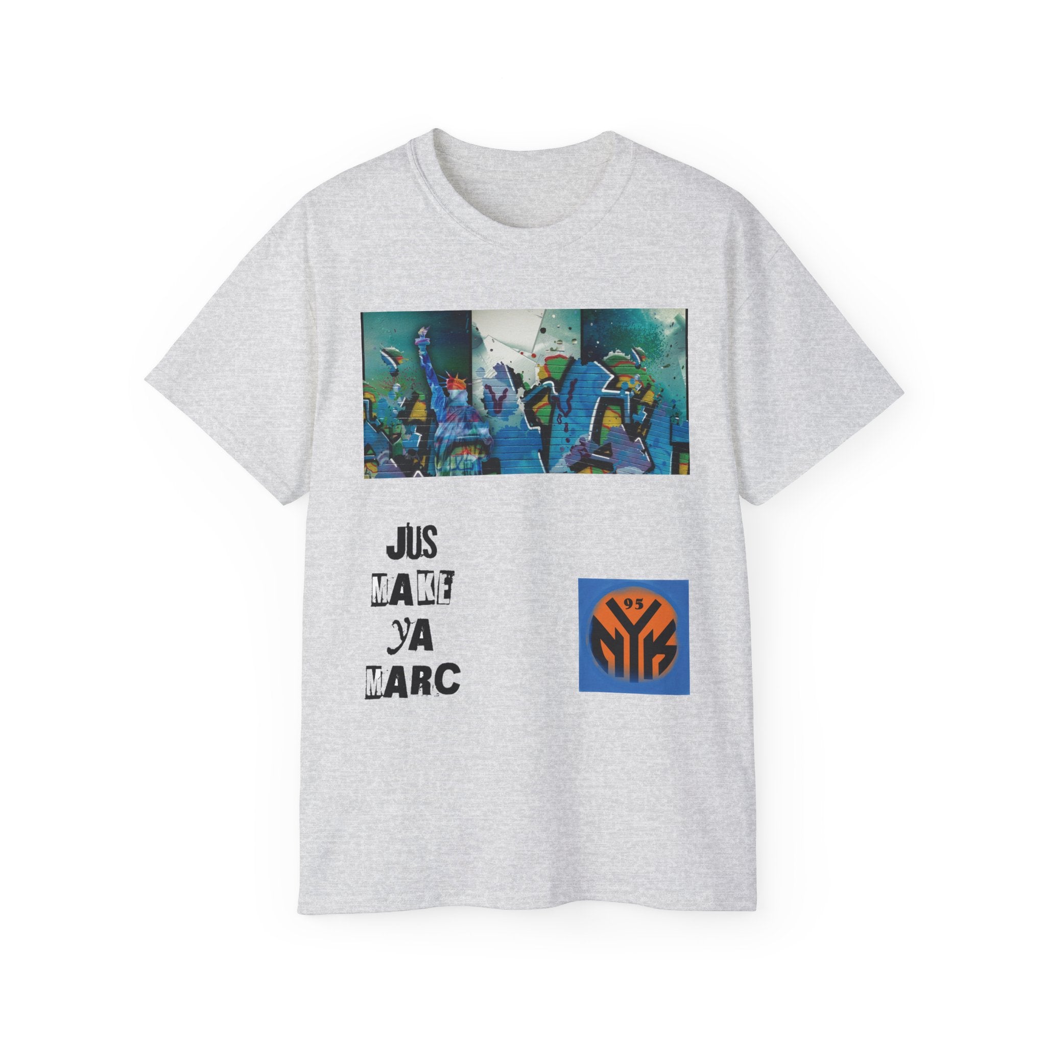 Abstract Graffiti Collage Tee — "JUS MAKE YA MARC" Street Art Graphic Shirt