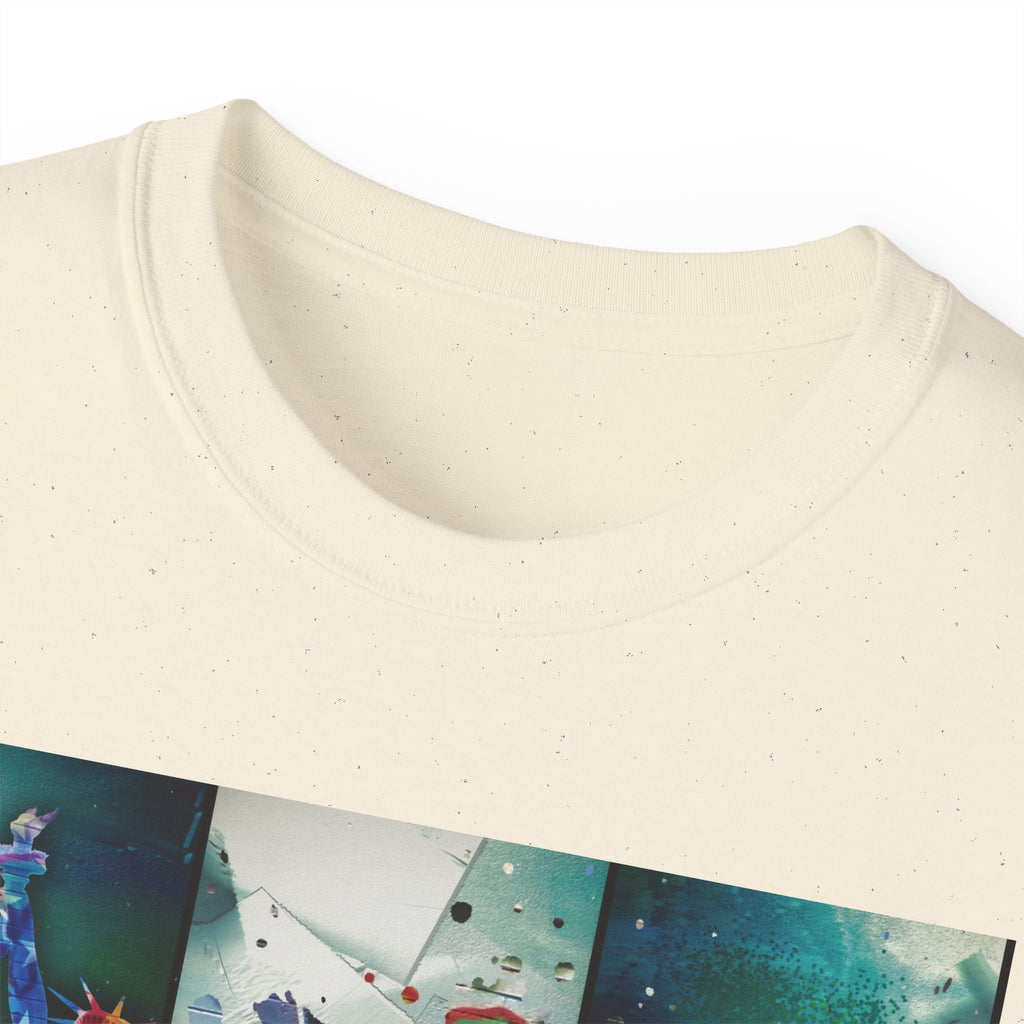 Abstract Graffiti Collage Tee — "JUS MAKE YA MARC" Street Art Graphic Shirt
