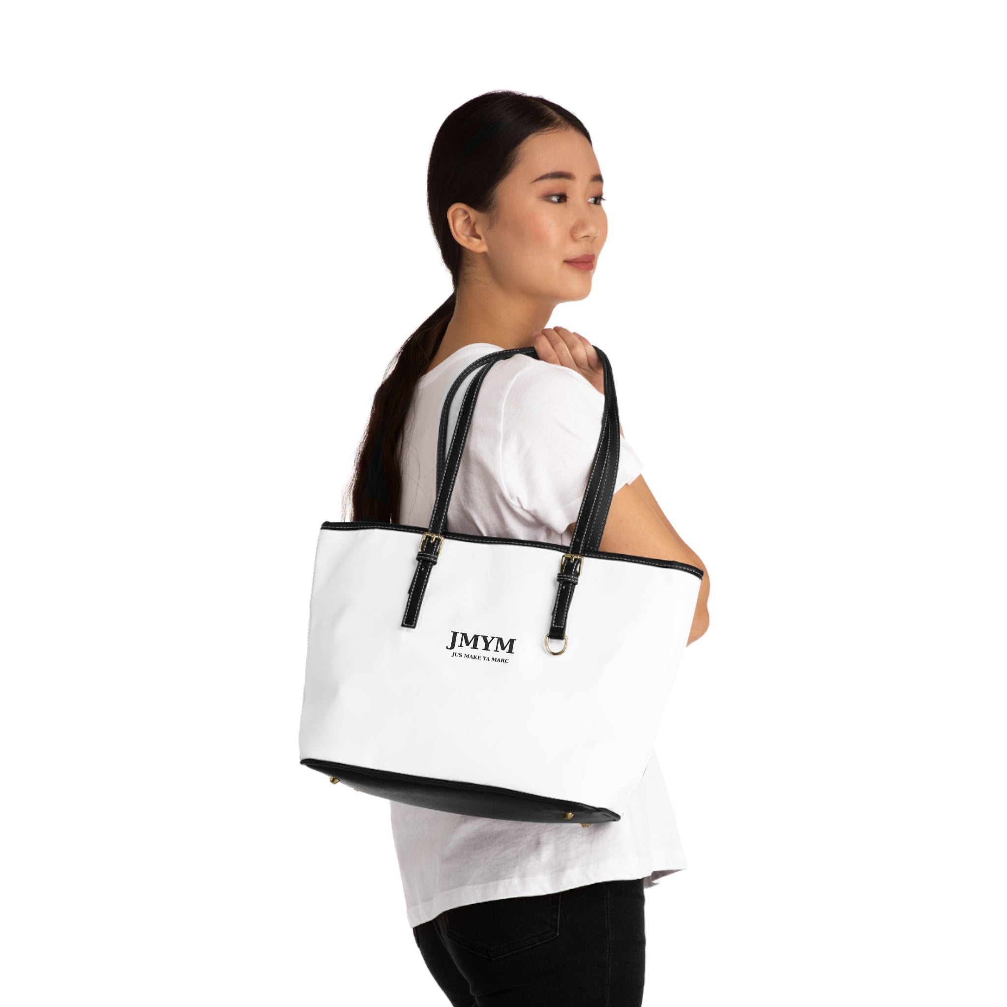 Classic PU JMYM Leather Shoulder Bag — Minimal White Tote with Black Straps