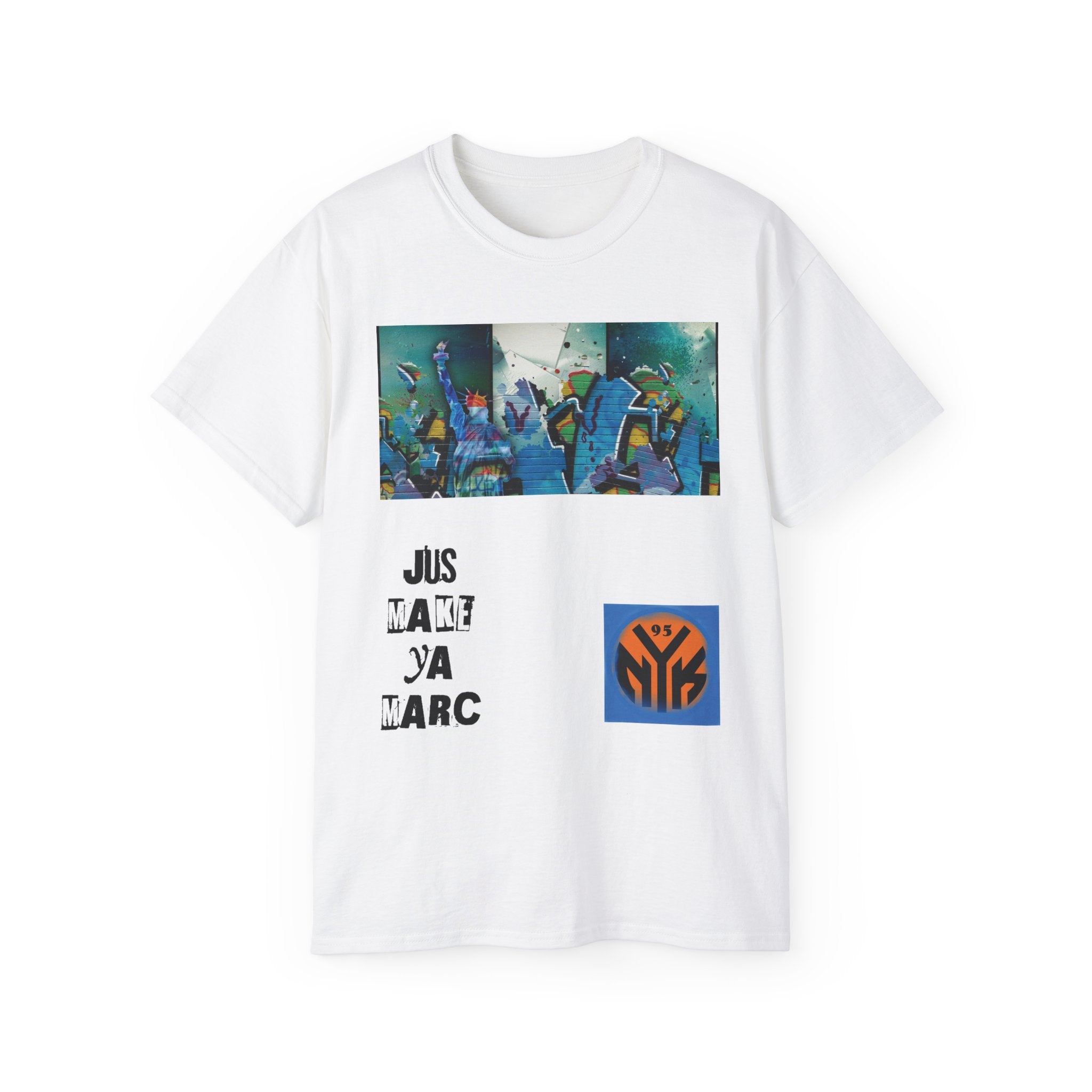 Abstract Graffiti Collage Tee — "JUS MAKE YA MARC" Street Art Graphic Shirt