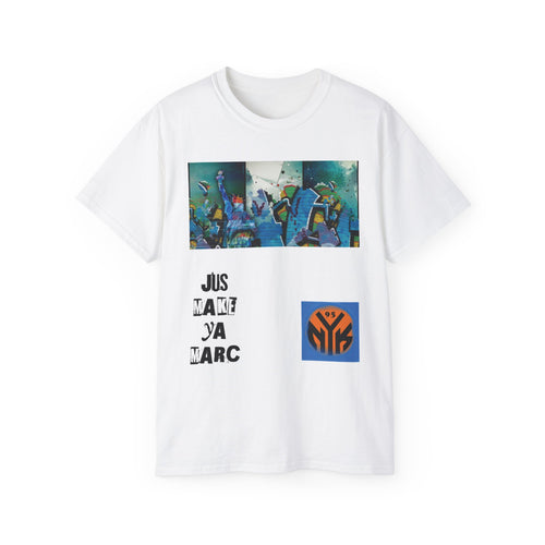 Abstract Graffiti Collage Tee — "JUS MAKE YA MARC" Street Art Graphic Shirt