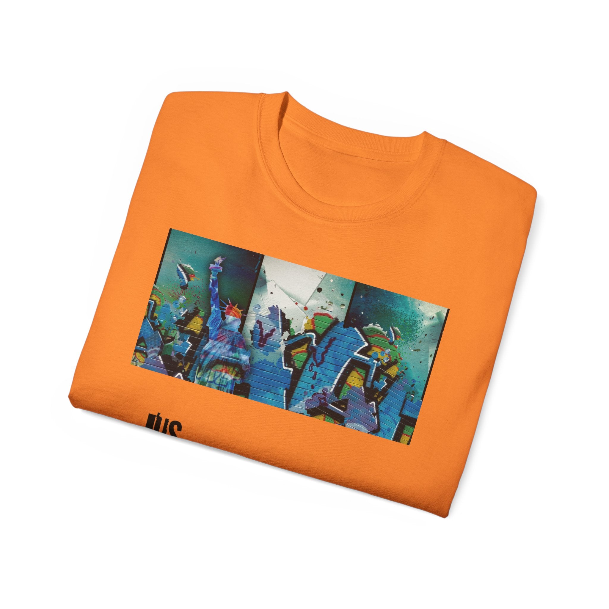 Abstract Graffiti Collage Tee — "JUS MAKE YA MARC" Street Art Graphic Shirt