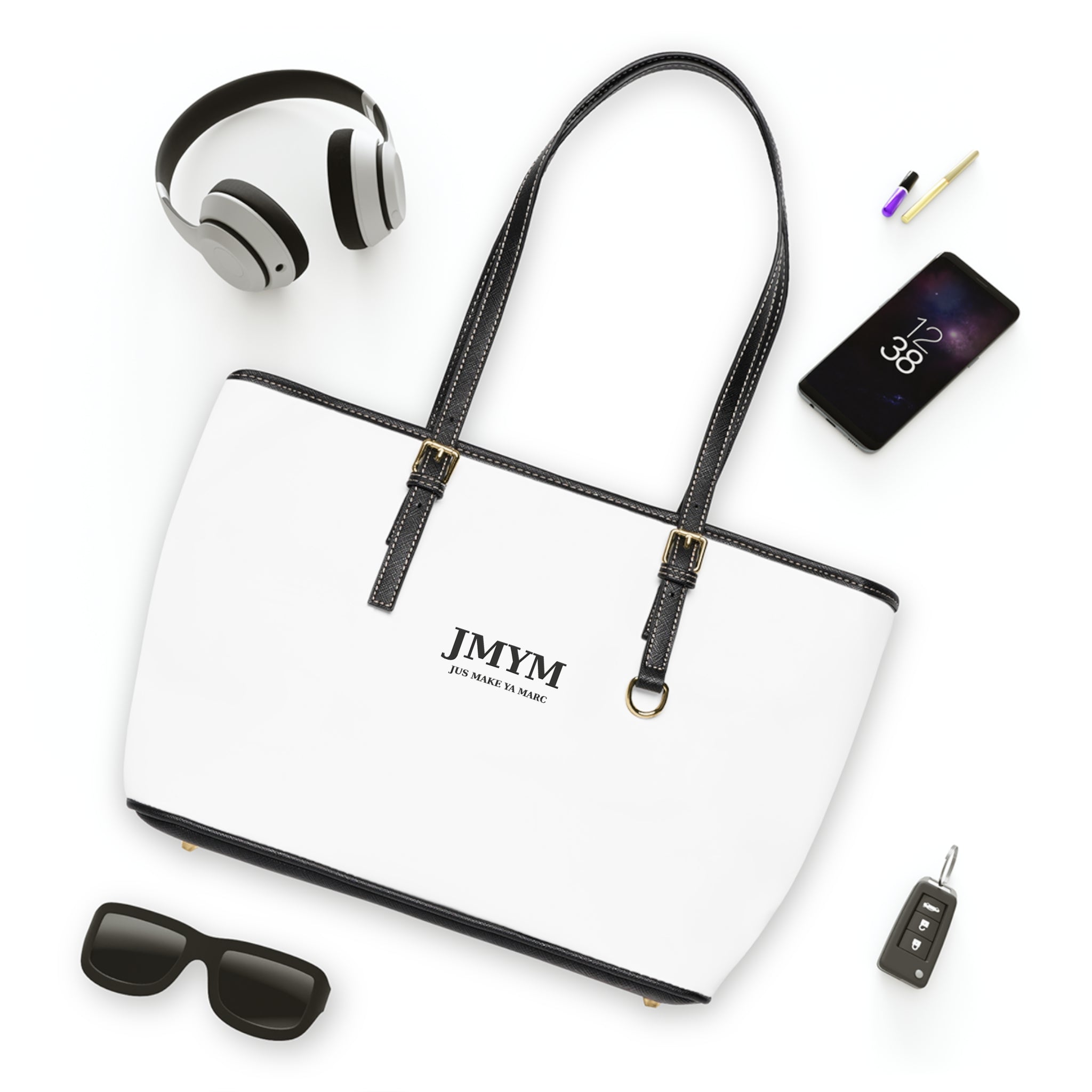 Classic PU JMYM Leather Shoulder Bag — Minimal White Tote with Black Straps