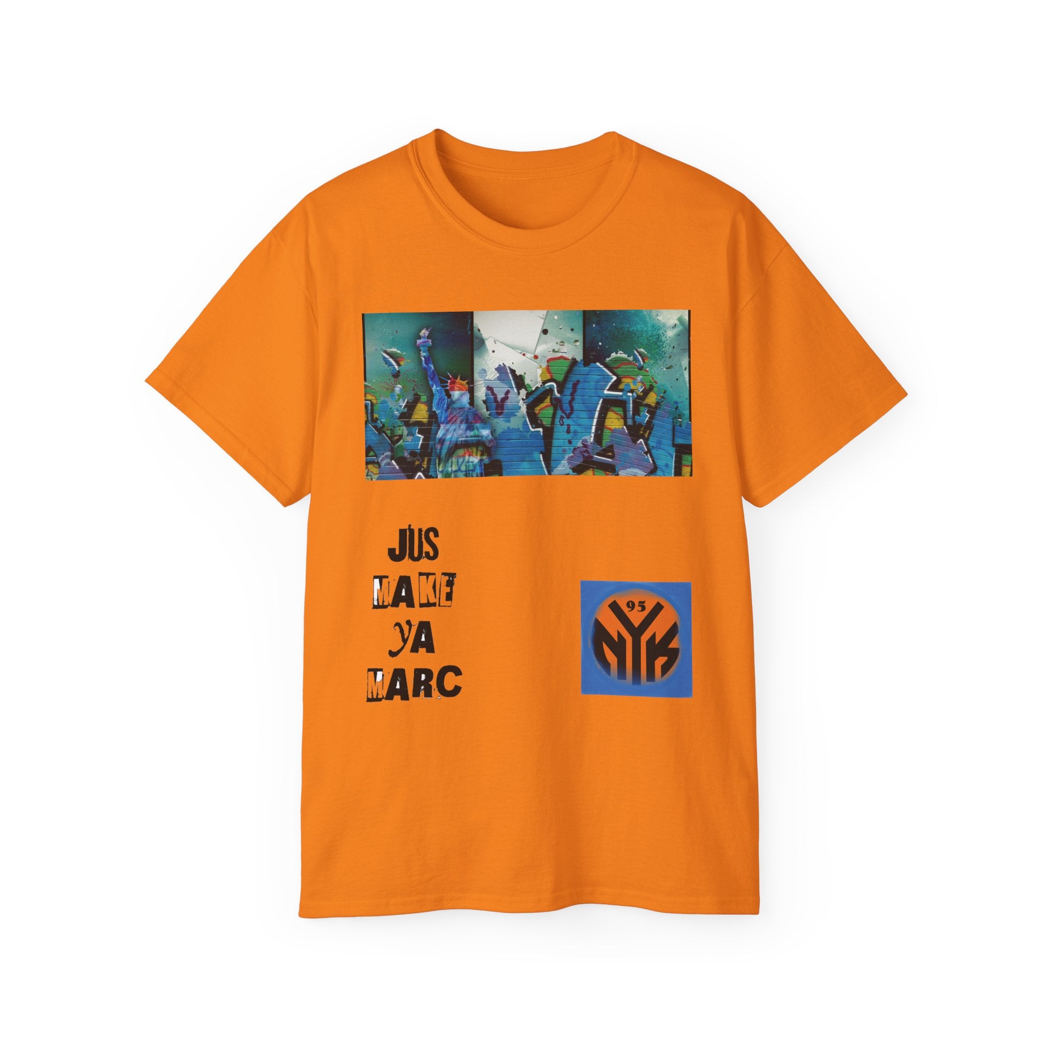 Abstract Graffiti Collage Tee — "JUS MAKE YA MARC" Street Art Graphic Shirt