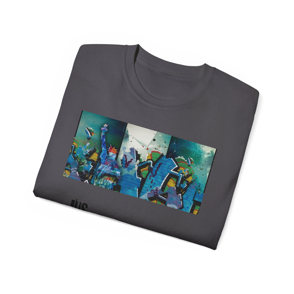 Abstract Graffiti Collage Tee — "JUS MAKE YA MARC" Street Art Graphic Shirt