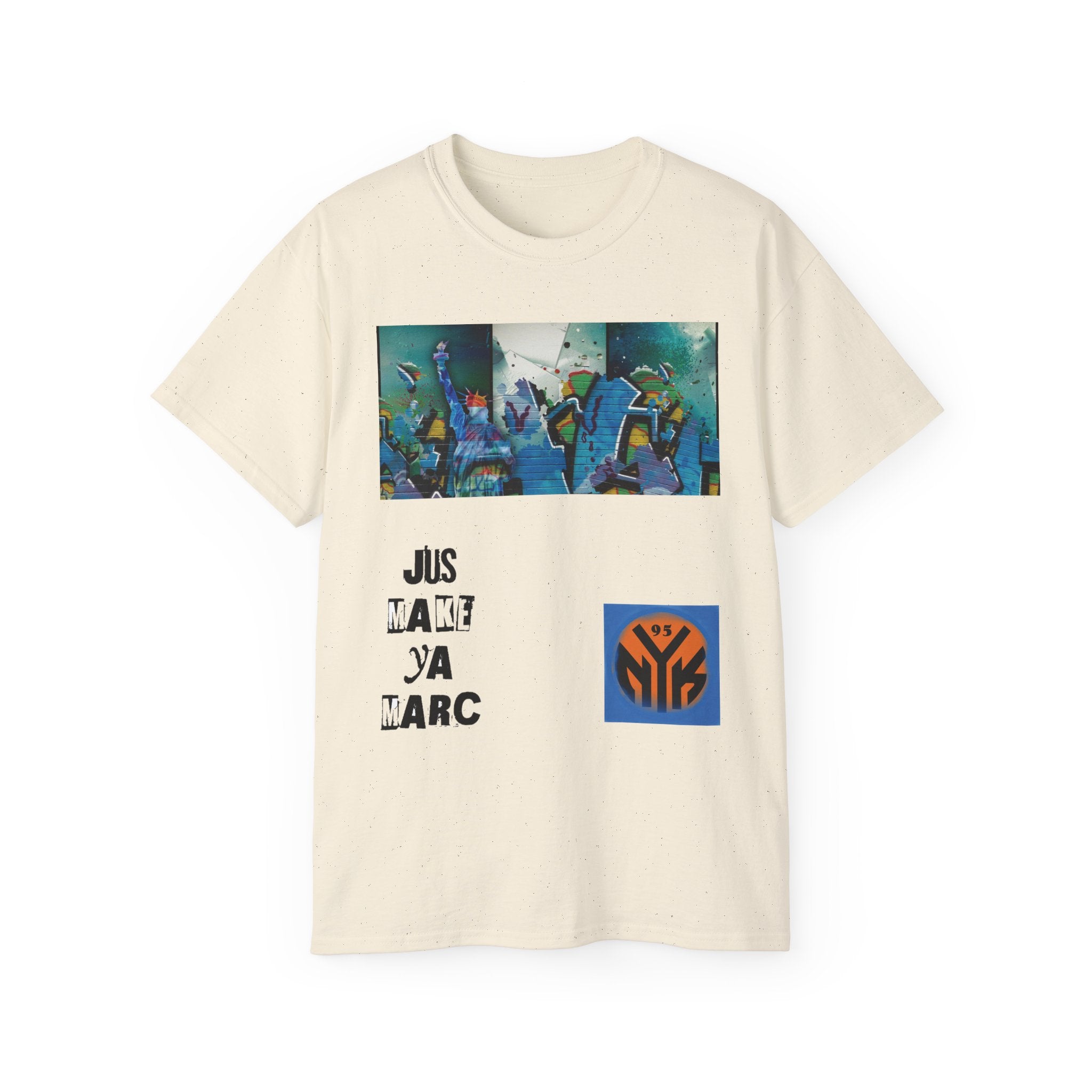 Abstract Graffiti Collage Tee — "JUS MAKE YA MARC" Street Art Graphic Shirt