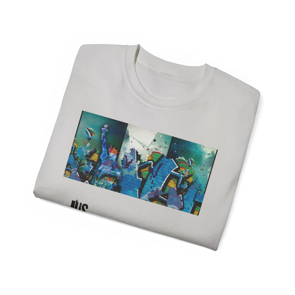Abstract Graffiti Collage Tee — "JUS MAKE YA MARC" Street Art Graphic Shirt