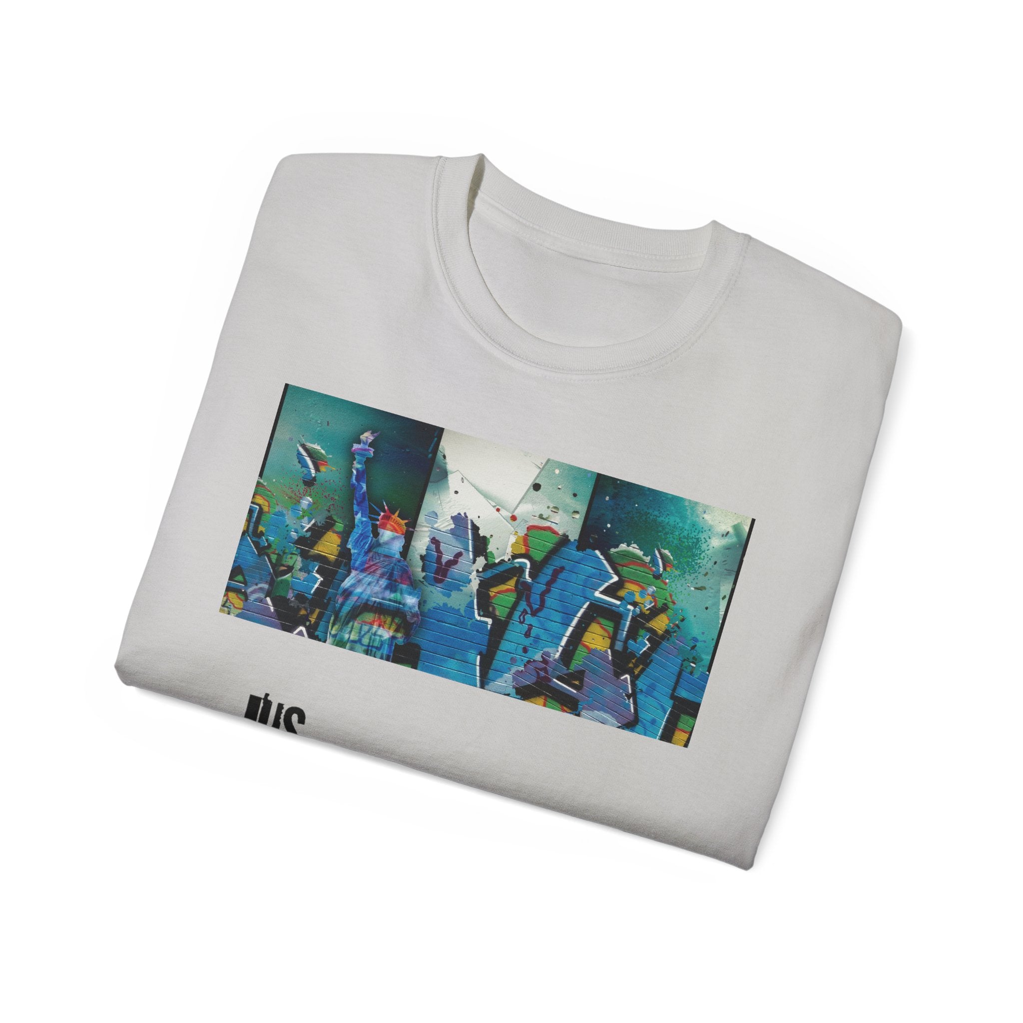 Abstract Graffiti Collage Tee — "JUS MAKE YA MARC" Street Art Graphic Shirt