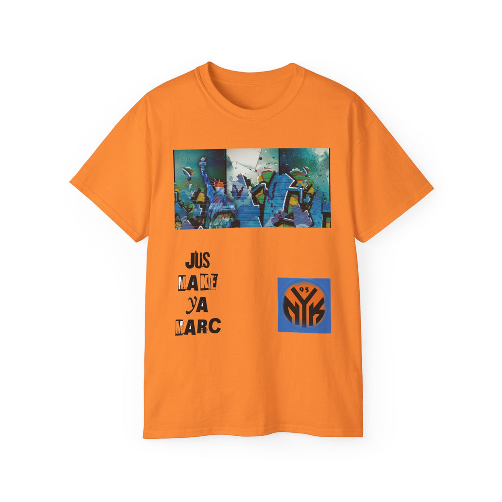 Abstract Graffiti Collage Tee — "JUS MAKE YA MARC" Street Art Graphic Shirt