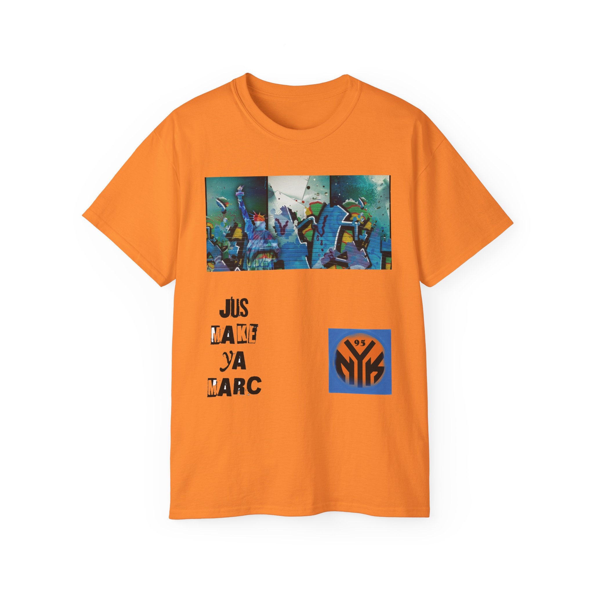 Abstract Graffiti Collage Tee — "JUS MAKE YA MARC" Street Art Graphic Shirt