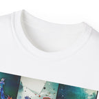 Abstract Graffiti Collage Tee — "JUS MAKE YA MARC" Street Art Graphic Shirt