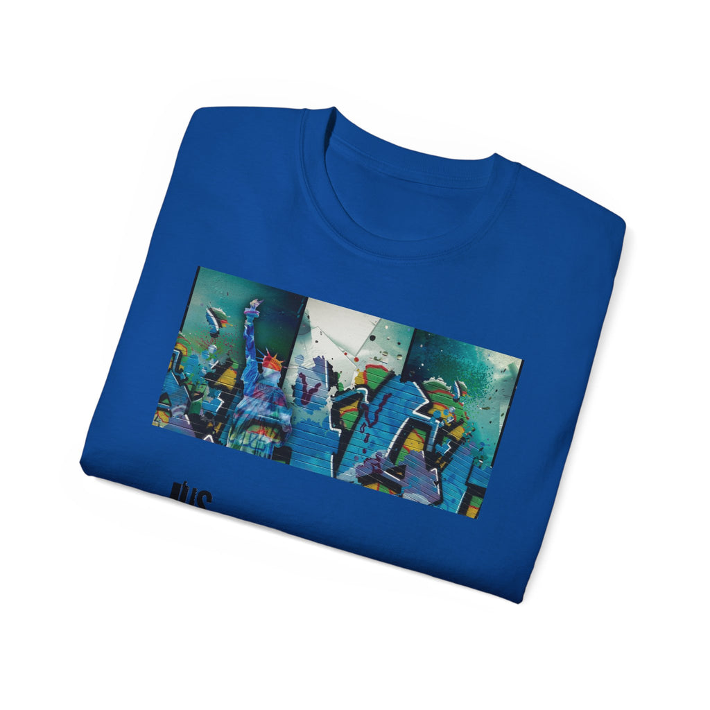 Abstract Graffiti Collage Tee — "JUS MAKE YA MARC" Street Art Graphic Shirt