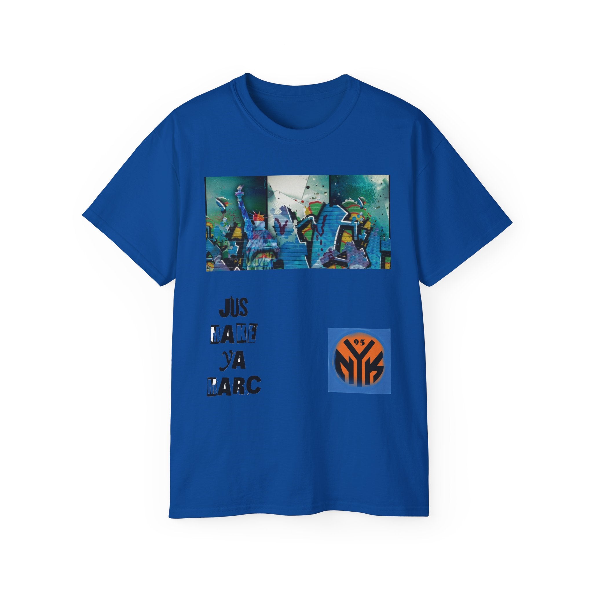 Abstract Graffiti Collage Tee — "JUS MAKE YA MARC" Street Art Graphic Shirt