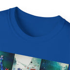 Abstract Graffiti Collage Tee — "JUS MAKE YA MARC" Street Art Graphic Shirt