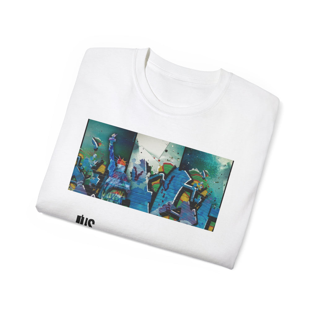 Abstract Graffiti Collage Tee — "JUS MAKE YA MARC" Street Art Graphic Shirt