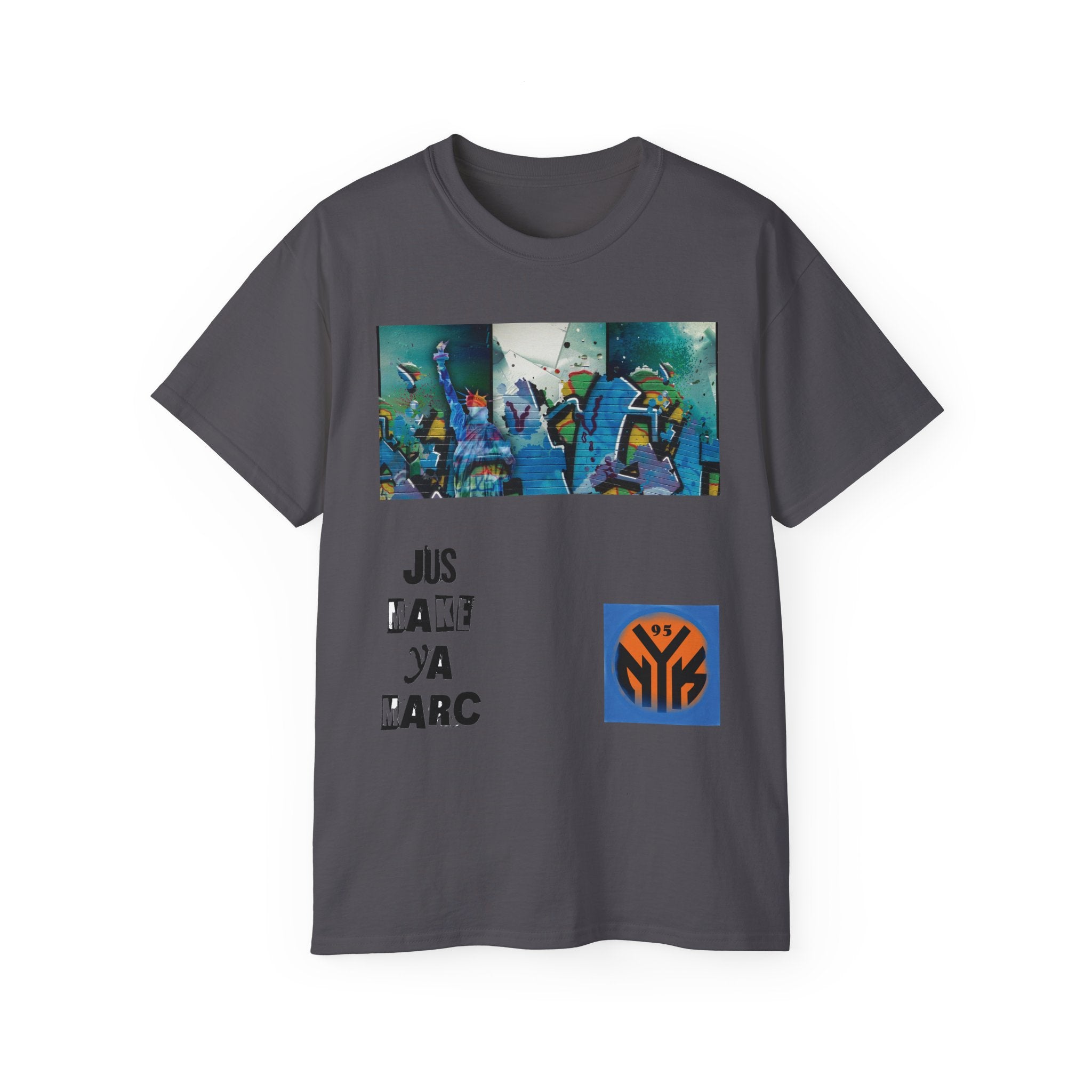 Abstract Graffiti Collage Tee — "JUS MAKE YA MARC" Street Art Graphic Shirt