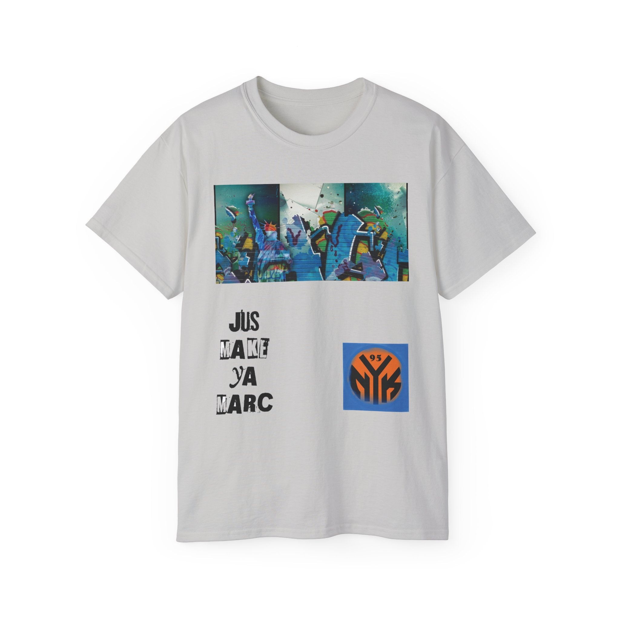 Abstract Graffiti Collage Tee — "JUS MAKE YA MARC" Street Art Graphic Shirt