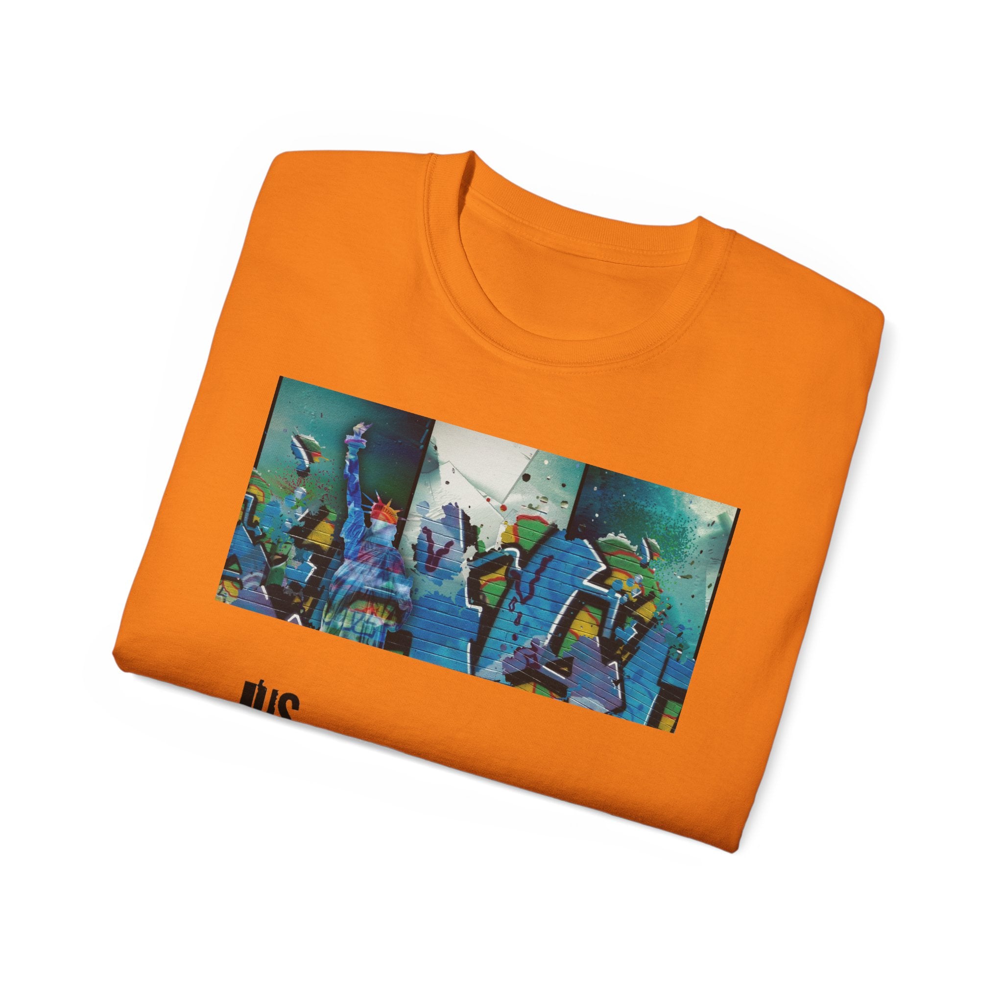 Abstract Graffiti Collage Tee — "JUS MAKE YA MARC" Street Art Graphic Shirt